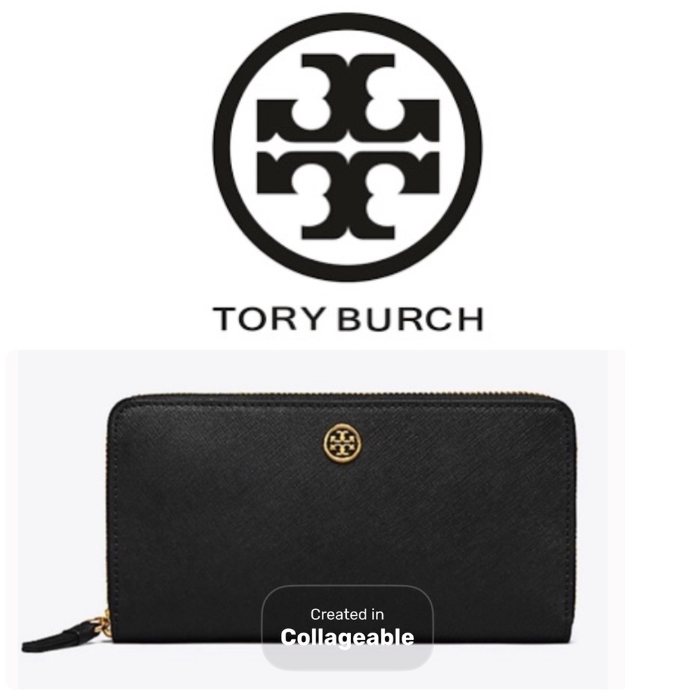 ‼️WOW‼️Tory Burch Black 🖤💛SAFIANO leather Continental Zip-Around Wallet NWOT‼️🤩
